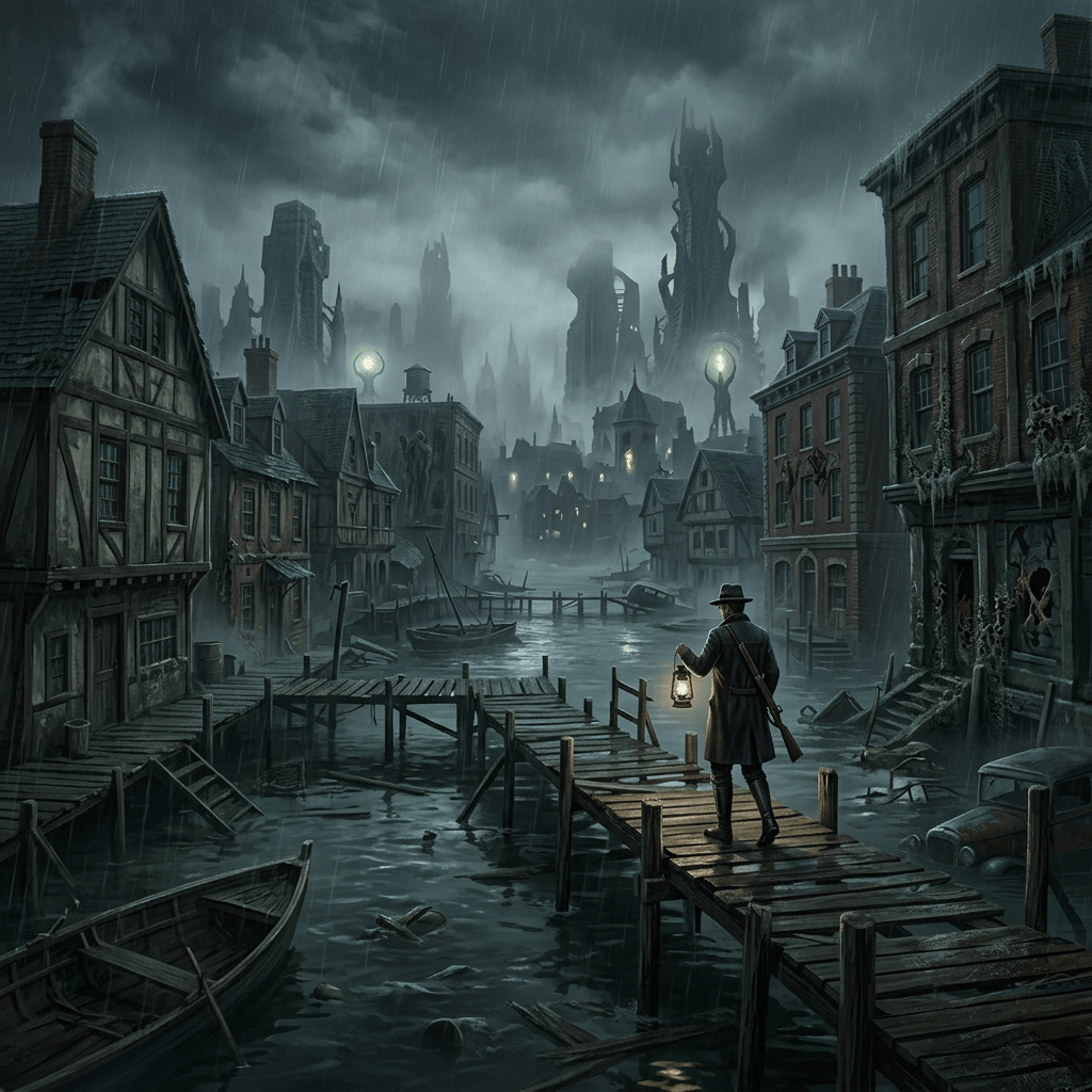 Traveler carrying a lantern across docks in a rainy gothic canal city